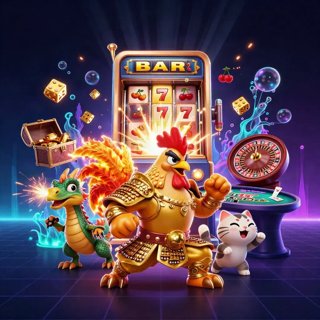 Rooster warrior, dragon hatchling, and fortune cat amid casino riches and neon light
