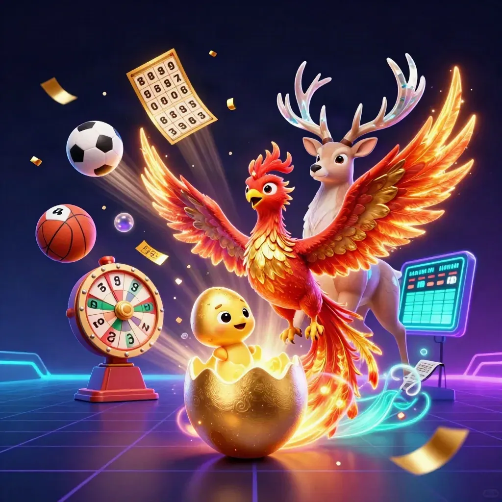 Fire phoenix, baby phoenix, and crystal stag amid neon casino props and glowing effects.