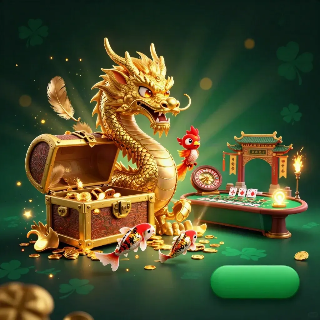 Golden dragon, red phoenix and koi in a neon casino treasure blast with temple and cards.