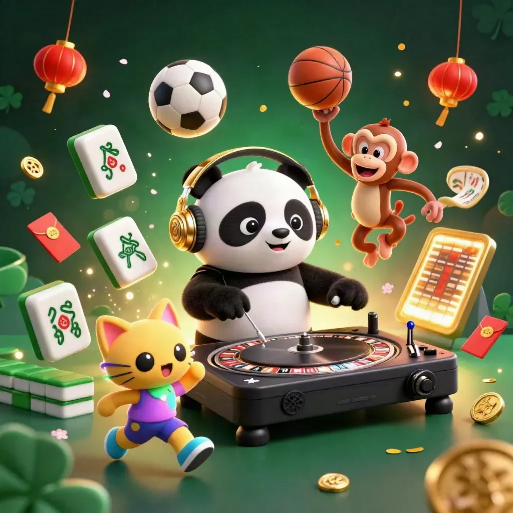 DJ panda, breakdancing monkey, and glow-stick kitten amid flying balls, gold coins, and neon casino light