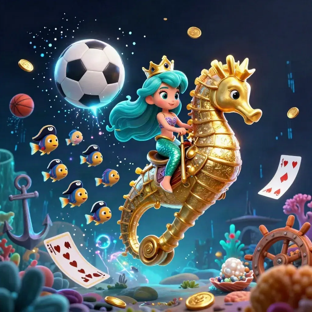 Mermaid princess on a golden seahorse amid pirate fish, coins, coral, balls, and neon bubbles.