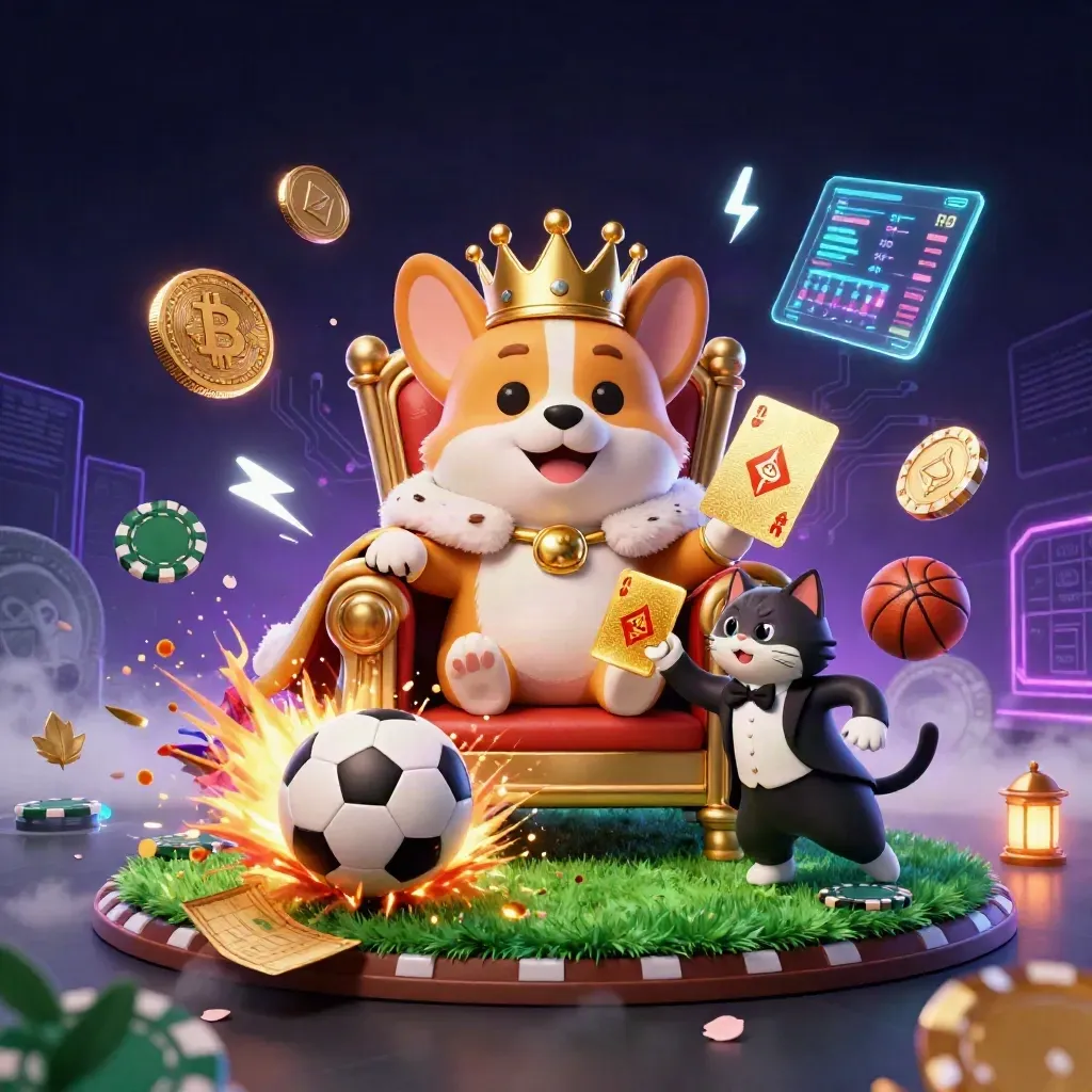 Crowned corgi and cat butler amid flying coins, sports balls, and neon casino effects.