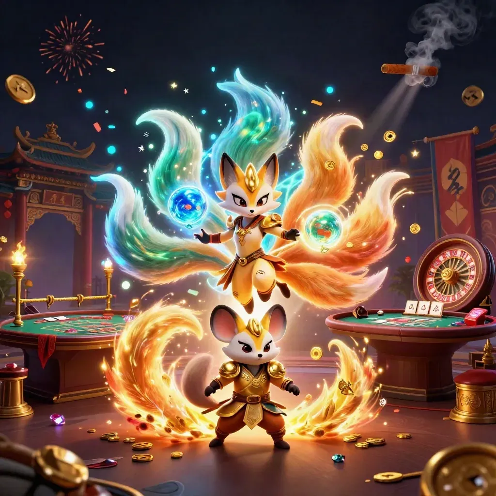 Fox spirit and armored mouse amid casino magic, roulette, cards, brass, confetti, and cyan glow.