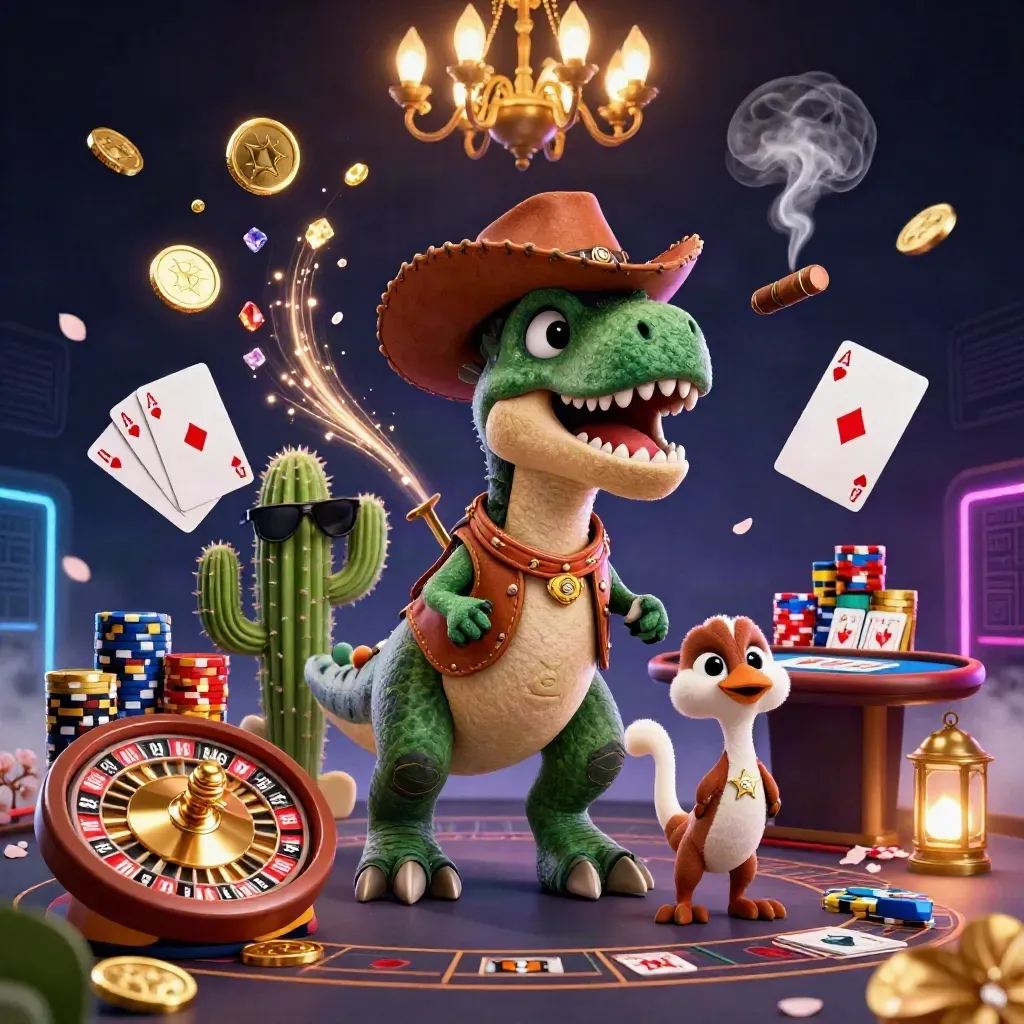 Cowboy T-Rex, cactus sidekick, and roadrunner in a neon casino with coins, cards, and luxe glow.