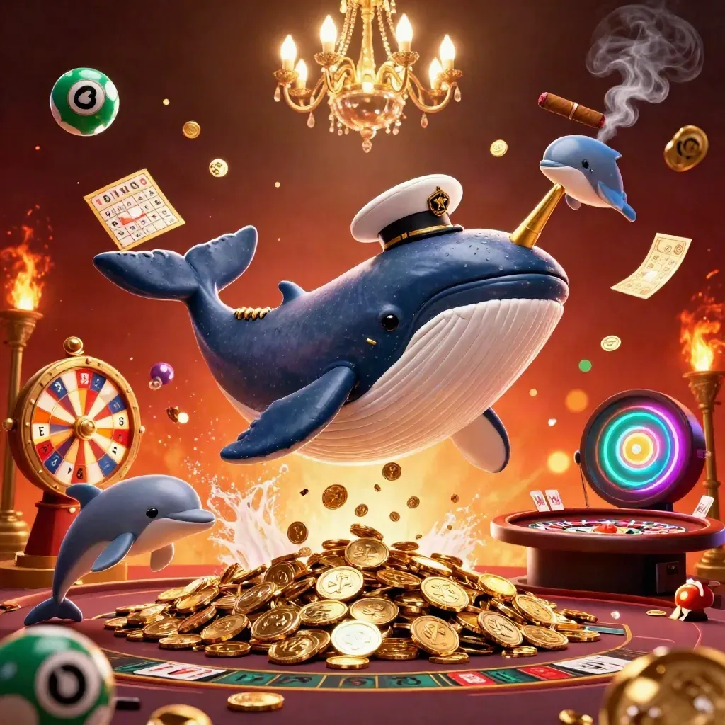 Whale captain, narwhal, and dolphins amid casino lights, coins, wheel, and ember glow