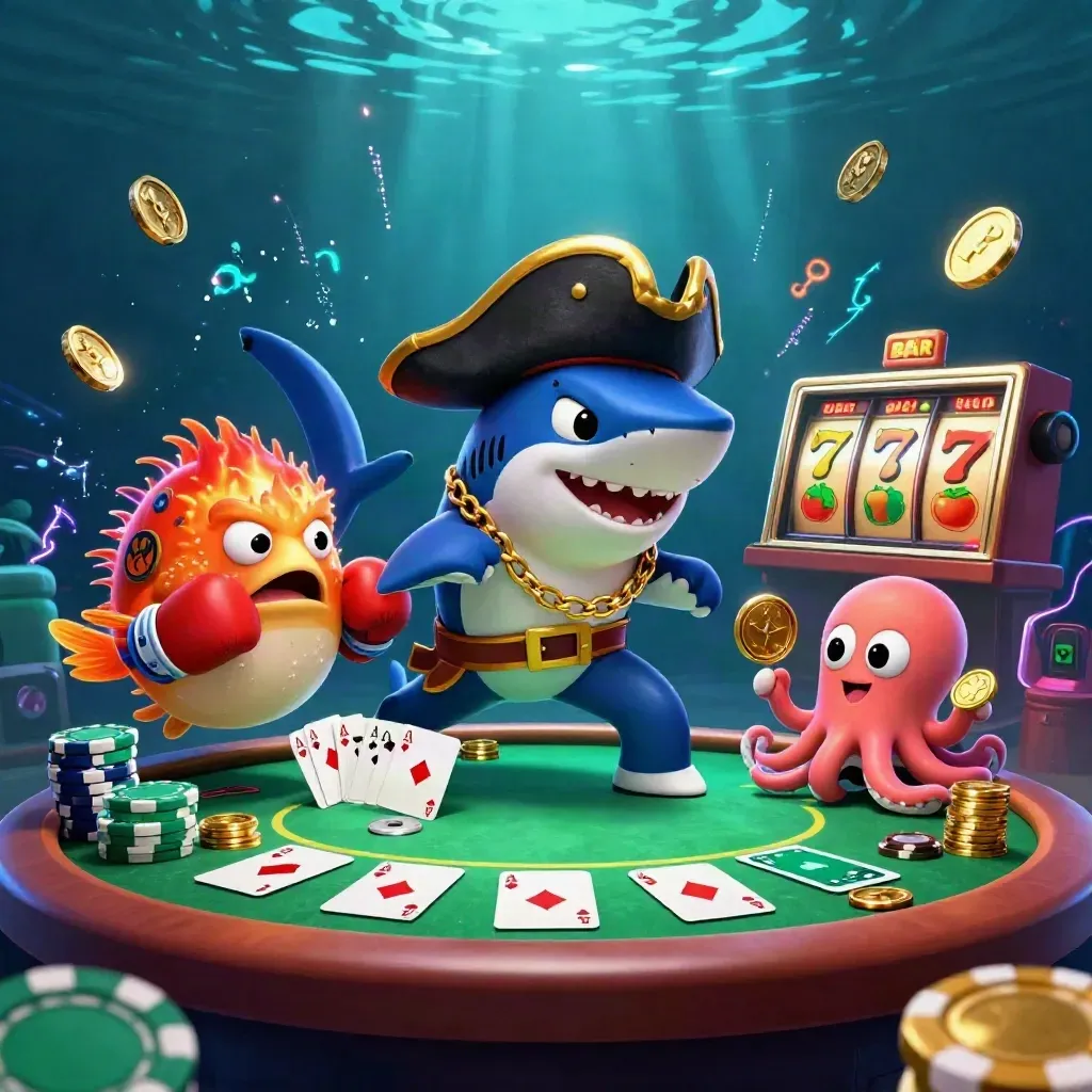 Pirate shark, pufferfish and octopus amid casino chips and cards in glowing underwater neon.