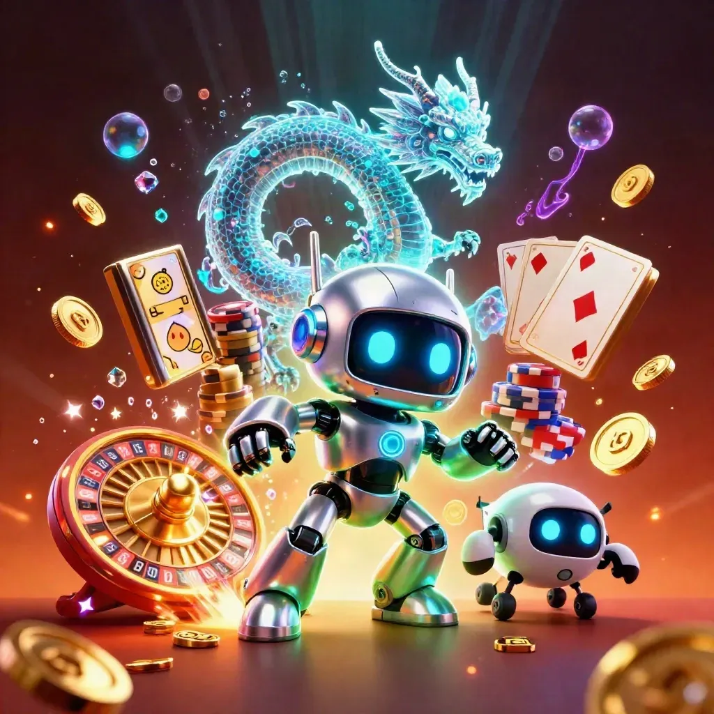 Cyberpunk robot, holographic dragon, and coin drone amid casino loot bursts and neon glow.