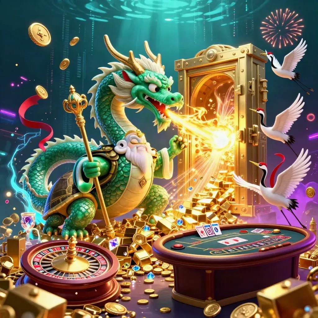 Dragon, turtle sage, and cranes explode from a vault amid coins, fireworks, and casino relics.