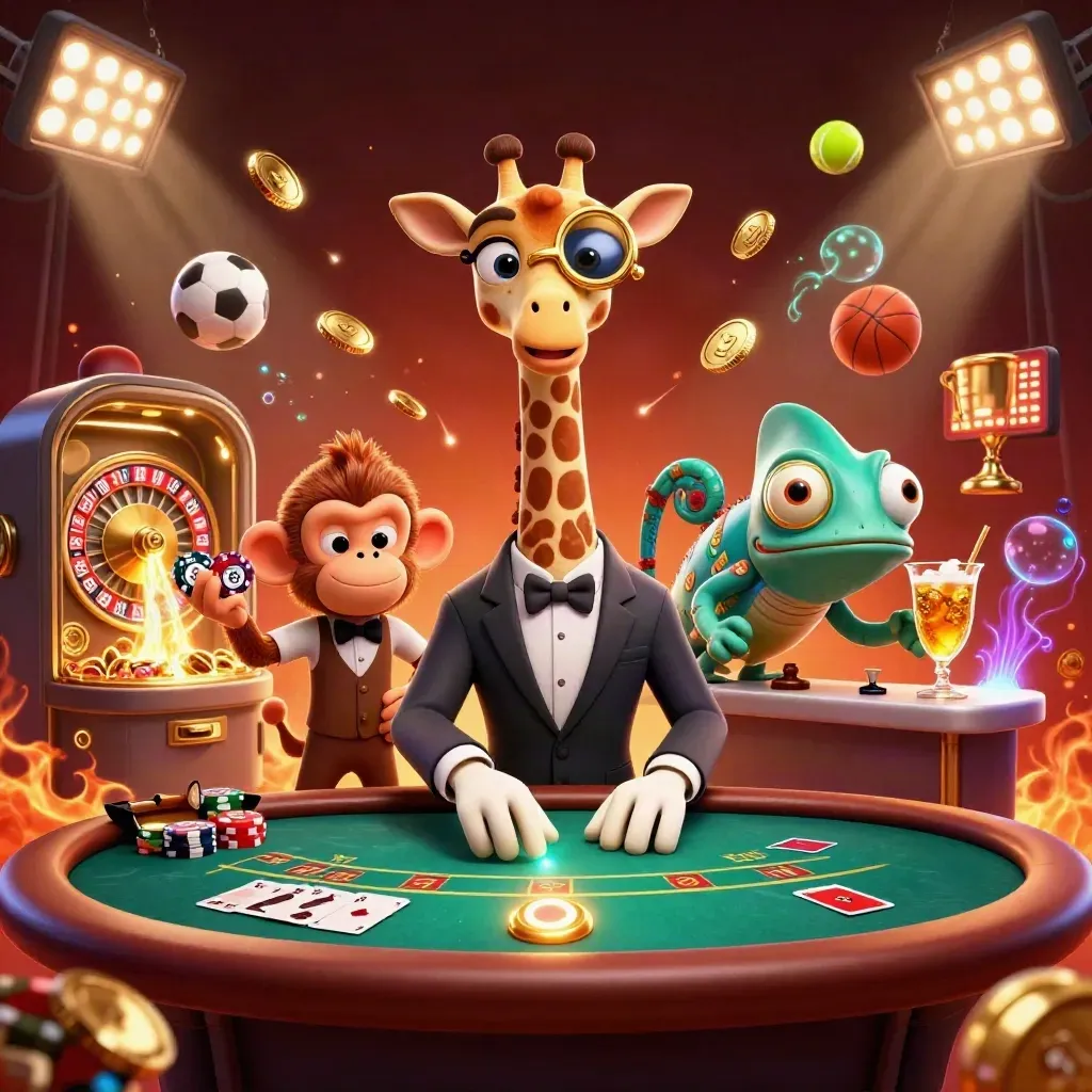 Giraffe, monkey, and chameleon at a glowing casino table amid coins, cards, and fireworks