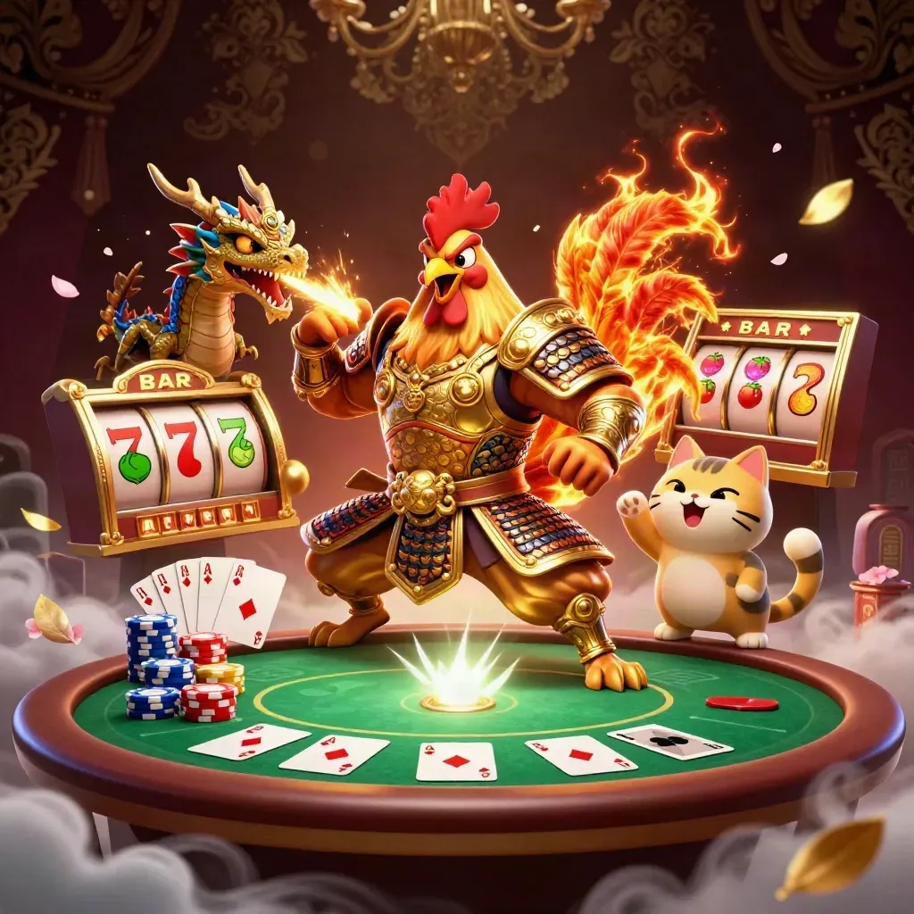 Rooster samurai, spark-breathing hatchling and cheering fortune cat amid casino cards and chips