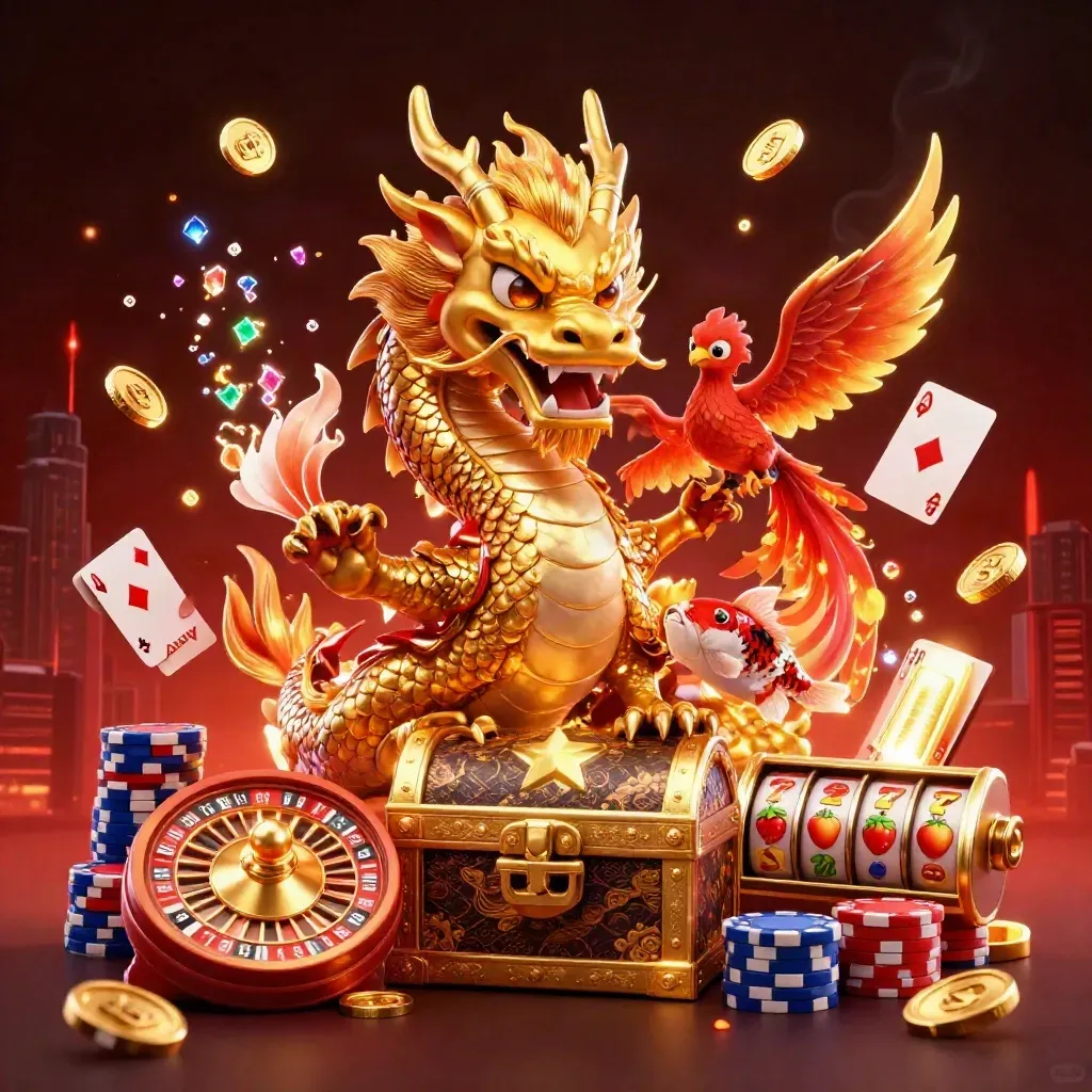 Golden dragon with phoenix and koi, coins and casino icons bursting from a dark ruby-red backdrop.