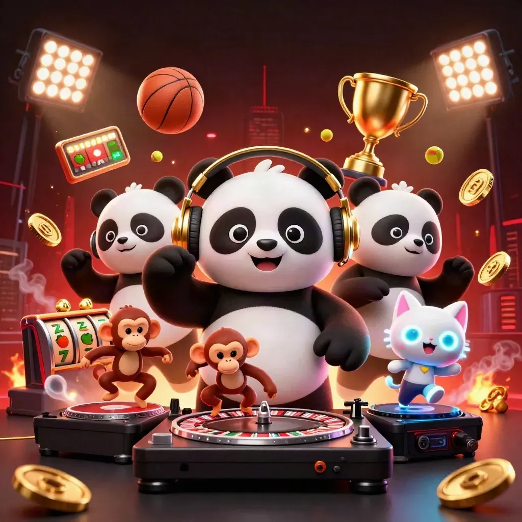DJ panda, breakdancing monkey and glow-stick kitten amid casino props, coins and neon lights