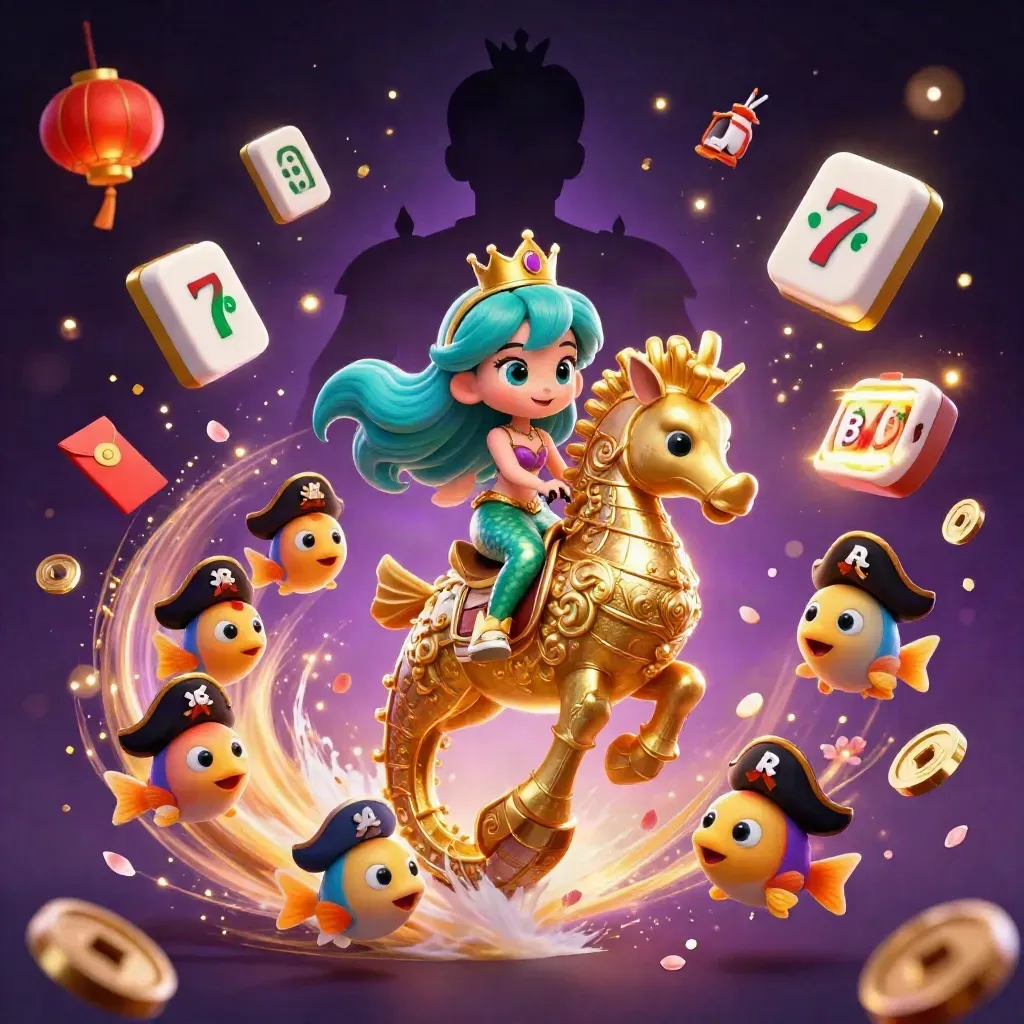 Mermaid princess on a gold seahorse with pirate fish and casino symbols in a dark neon sea.