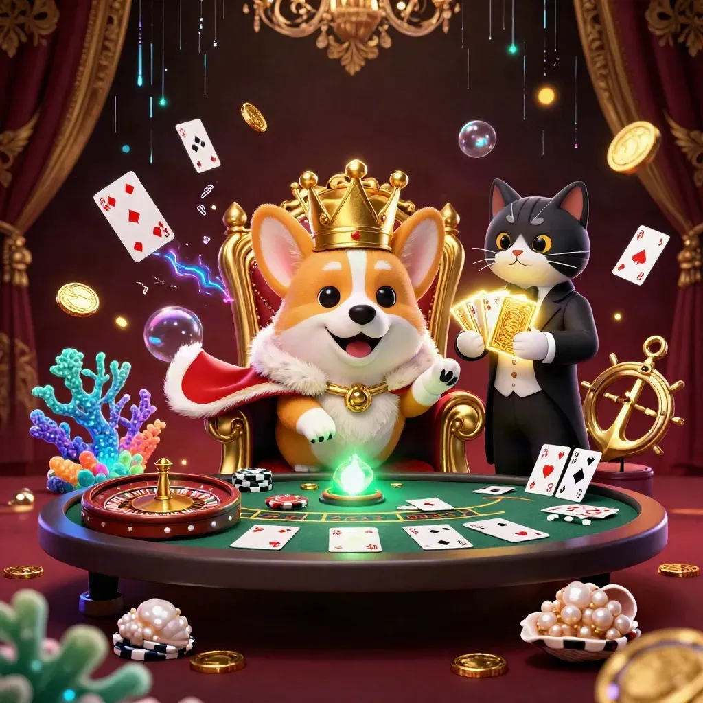 Royal corgi and cat butler amid casino treasures, roulette spin, coral, coins, and neon luxury.