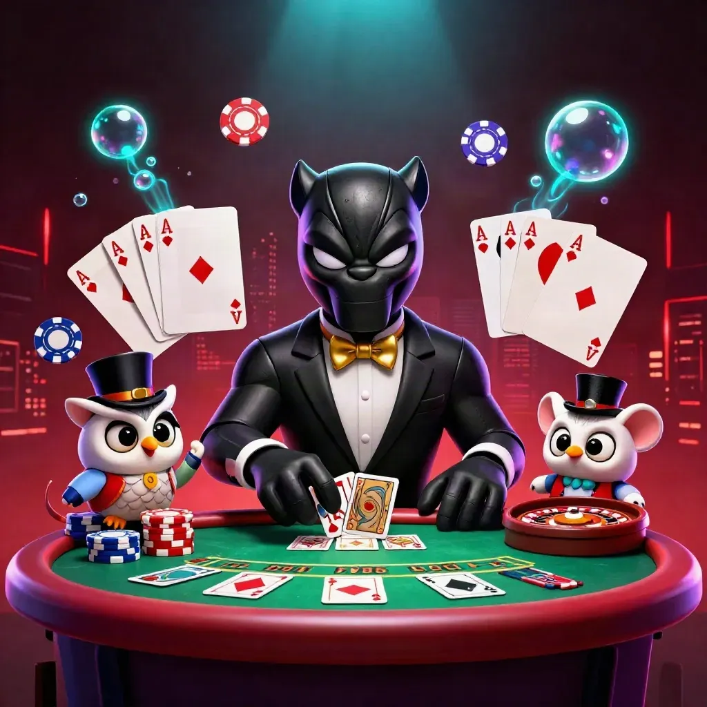 Panther, owl, and mouse casino heroes amid chips, cards, and neon gold glow