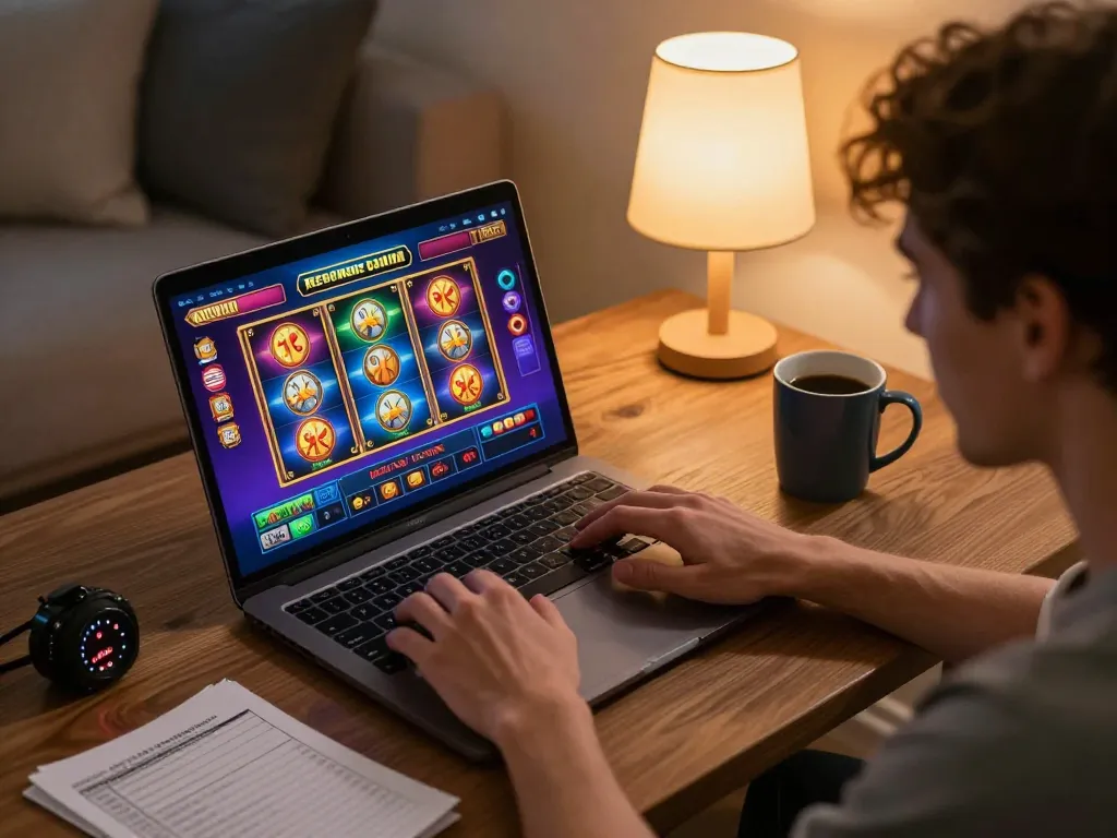 Engaged player using Dinamit4D for online casino gaming at home, showcasing strategy and enjoyment