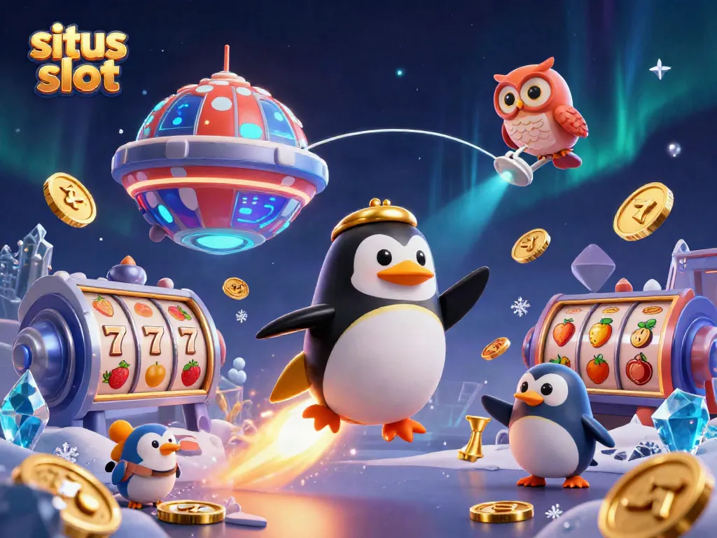 Visualisasi menarik tentang situs slot dengan penguin emas bertenaga roket melewati ruang angkasa, di tengah elemen permainan slot.