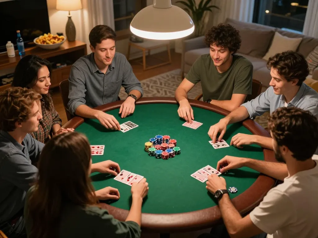 Friends enjoying a poker game night at home, engaging with taya777app on the table, showcasing vibrant chips and cards.