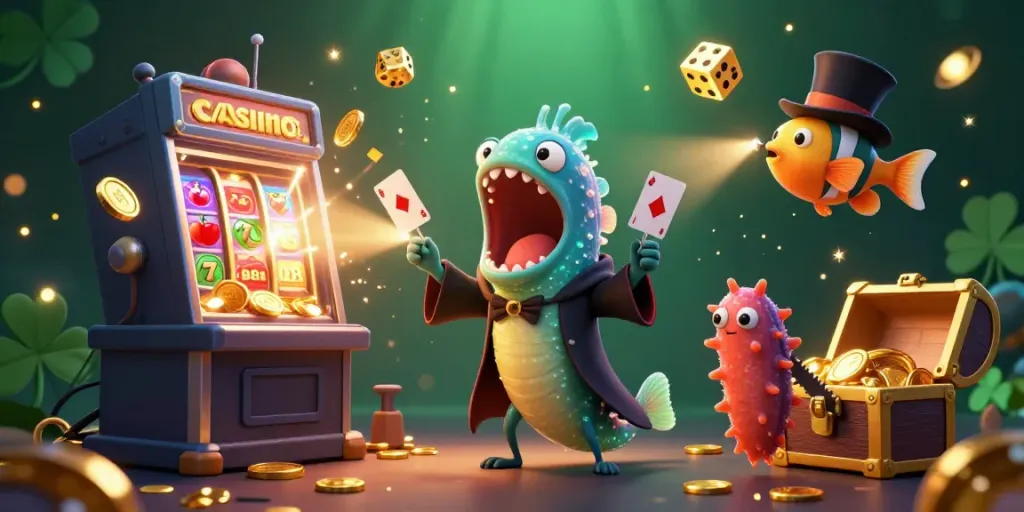 Casino magic scene featuring a glowing eel magician and anglerfish, surrounded by jackpot elements and festive atmosphere.