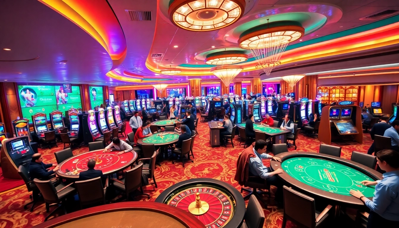 Experience the excitement of QH88 at a luxury casino with vibrant gaming tables and slot machines.