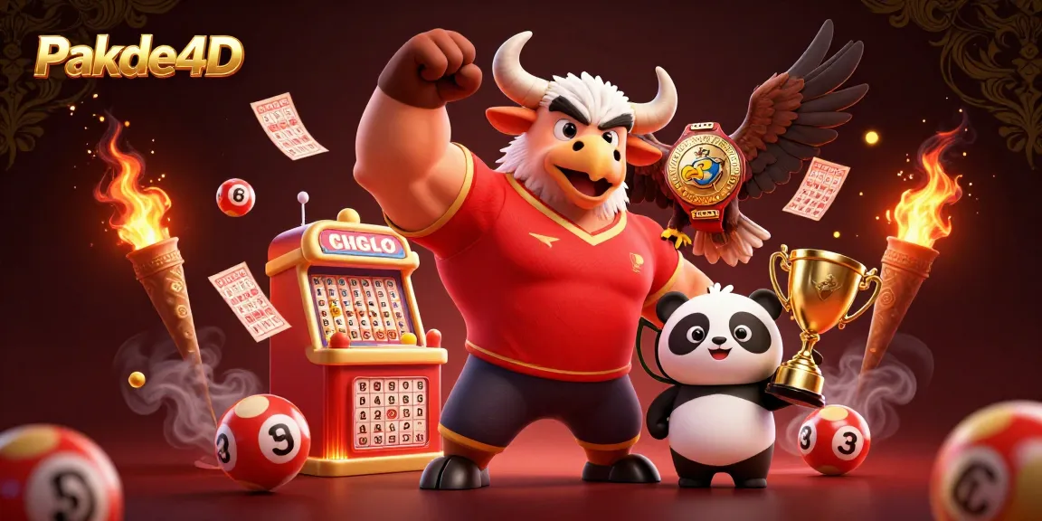 Engage with excitement at Pakde4D's vibrant lottery scene featuring a jubilant panda, eagle, and bull.