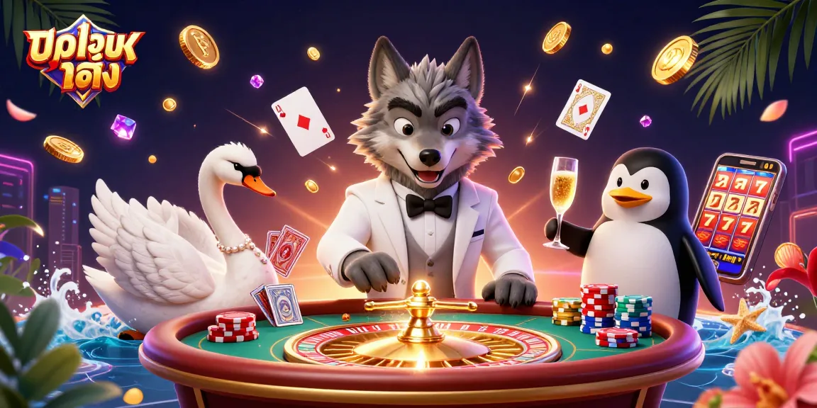 Engage in thrilling แทงบอลเต็ง action with a debonair wolf and elegant characters amidst a lavish casino scene.