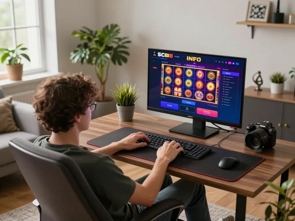 Engaging with SC88 INFO on a laptop in a cozy home setting while enjoying online casino gaming.