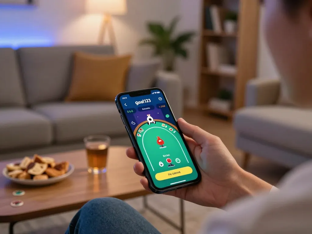 Engaging with app goal123 on a smartphone in a cozy home setting, highlighting mobile gambling.