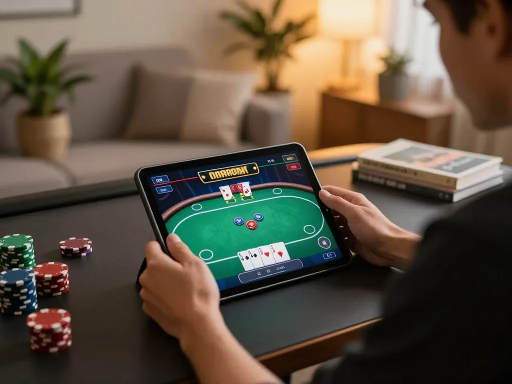 Engaging gaming experience while ดูหนังออนไลน์ at home using a tablet in a cozy setting.