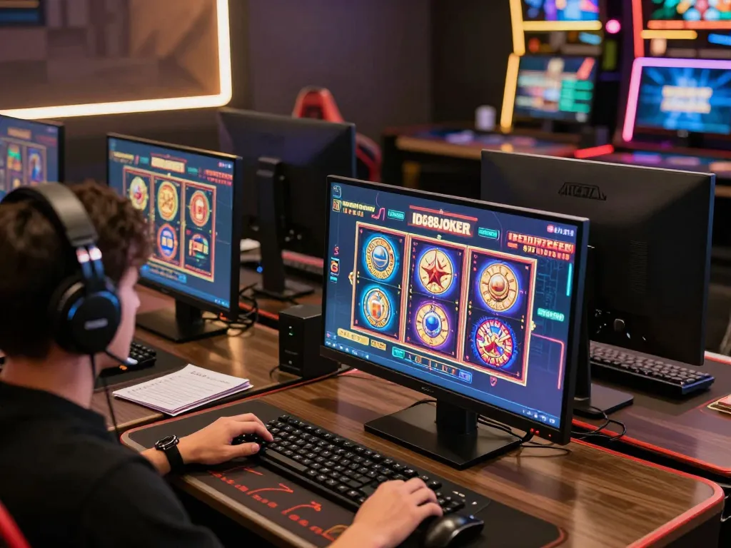 Engaged player enjoying IDC88JOKER games on multiple screens in a modern gaming setup.