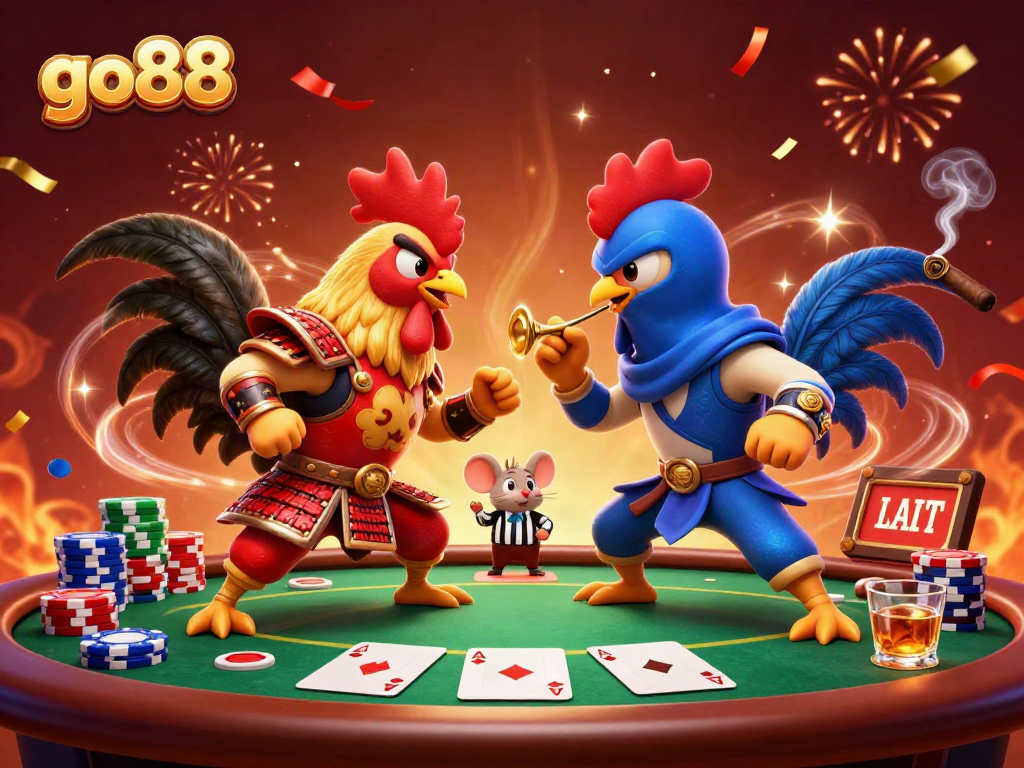 Engage with go88 through an intense showdown of cartoon roosters at a lively poker scene.