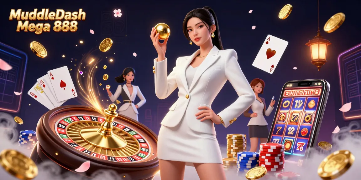 MuddleDash Mega 888 showcases a vibrant casino scene with a confident woman and dynamic game elements.