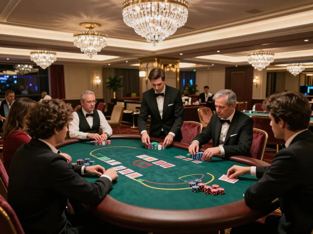 Engaged poker players at a vipwin gaming table in a luxurious casino setting.