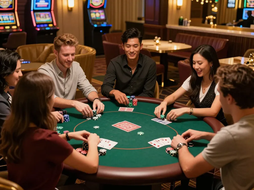 Friends engaging in strategic poker gameplay at vk88 casino night with chips and cards visible