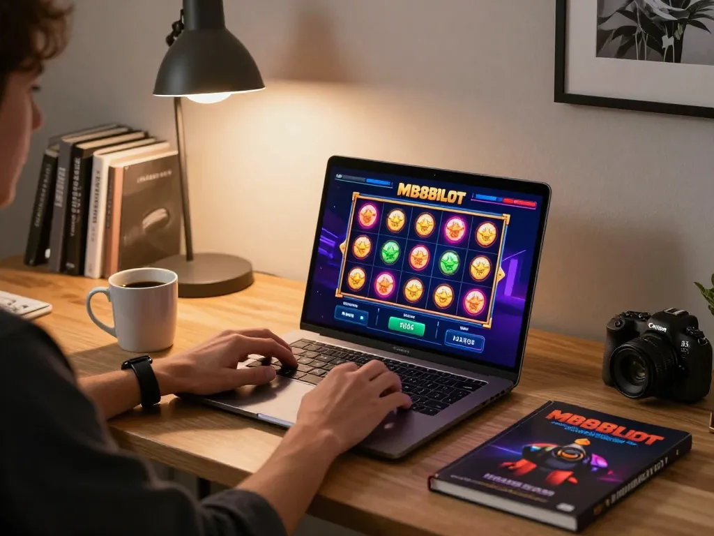 Engaging with mb88slot on a laptop in a cozy home office, illustrating responsible online gaming.
