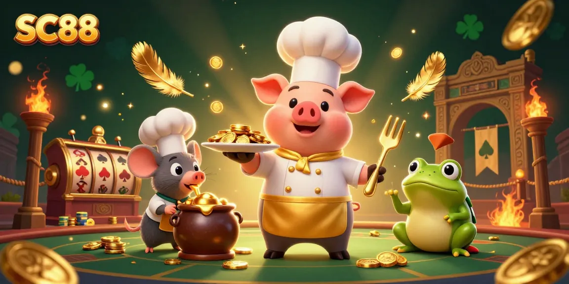 Engage with SC88 as a chef pig delights players in a rich casino scene serving gold coins.