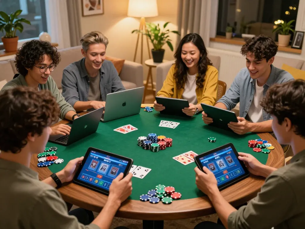Players enjoying online poker at home, highlighting IDC88JOKER's engaging gameplay experience.