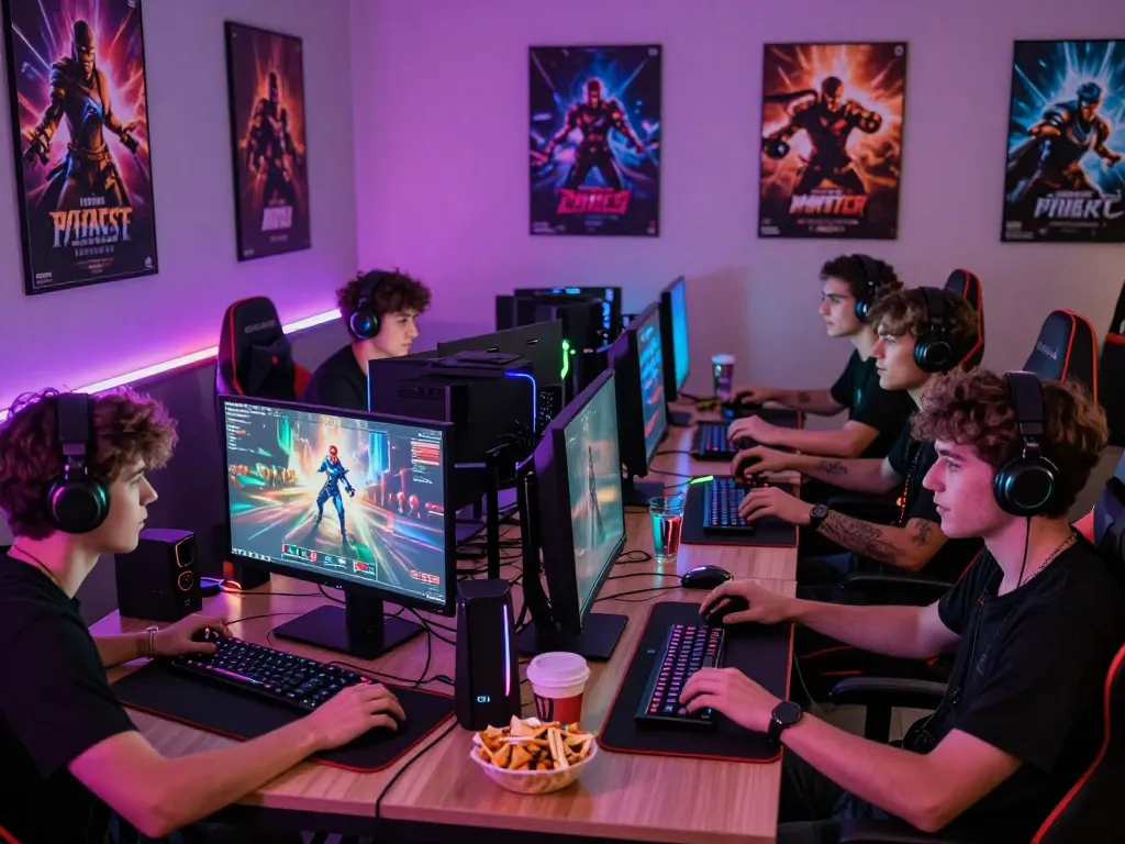 Group gaming at DEWI123 online gaming lounge with energy drinks and vibrant atmosphere.
