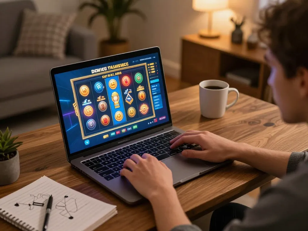 Player enjoying exciting slot depo 5k gaming on a laptop in a cozy home setup