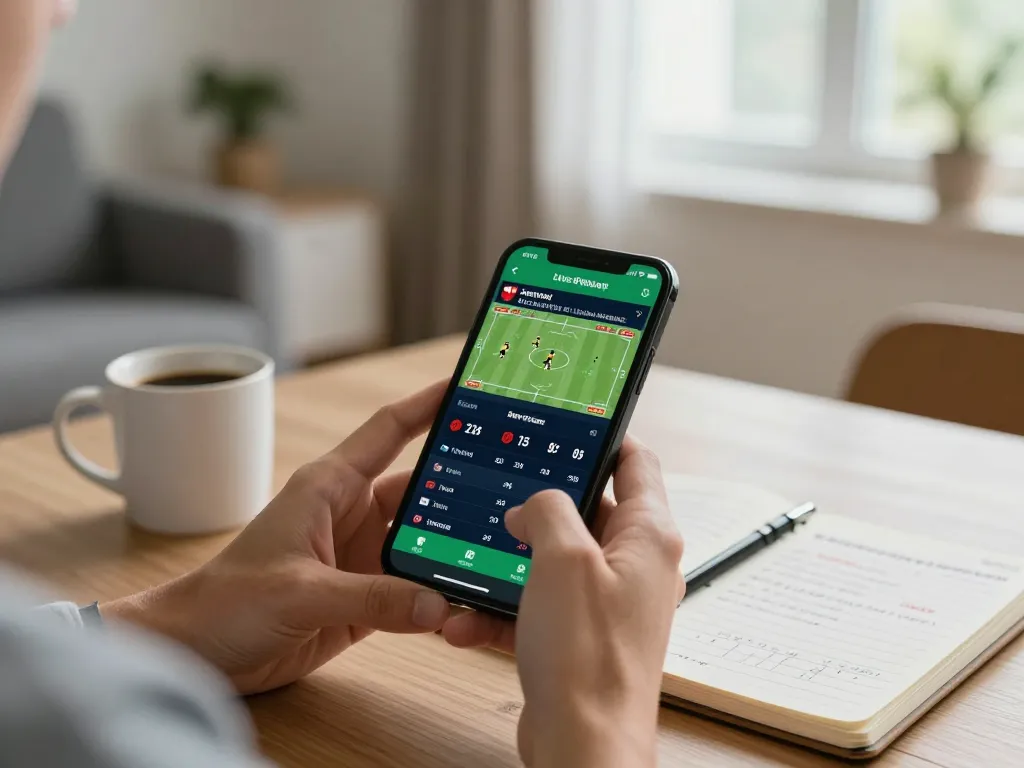 Person engaging in online sports betting on smartphone with u8888 app, relaxed home setting.