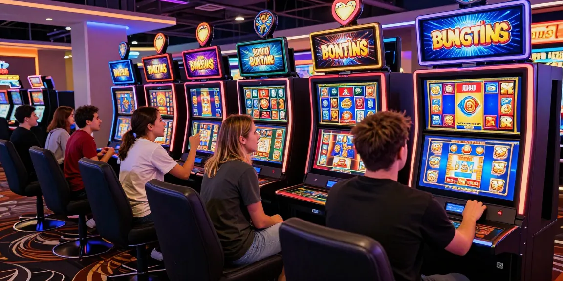 Players enjoying bonus buy slots in a colorful casino environment, showcasing excitement and engagement with gaming technology.