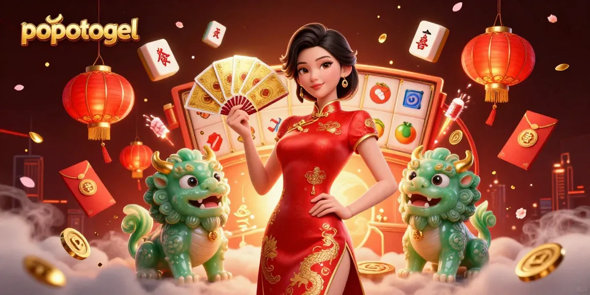 Play exciting games on popotogel with a vivid 3D illustration showcasing colorful slot elements and casino ambiance.