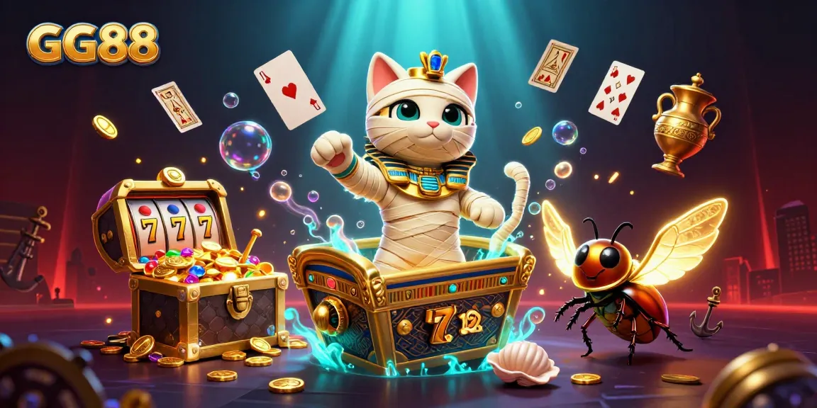 Engage with GG88 at a vibrant online casino scene featuring a dynamic mummy cat and gold treasures.