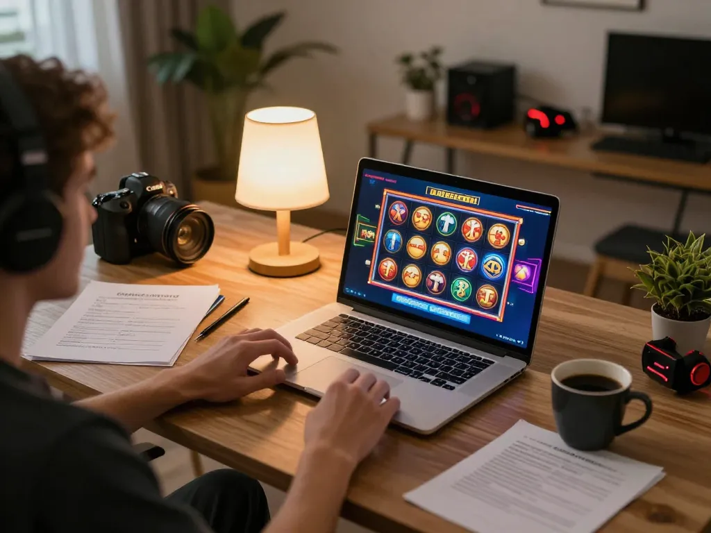Player enjoying online slots at home on MMOO gaming platform, with colorful reels and strategy notes nearby