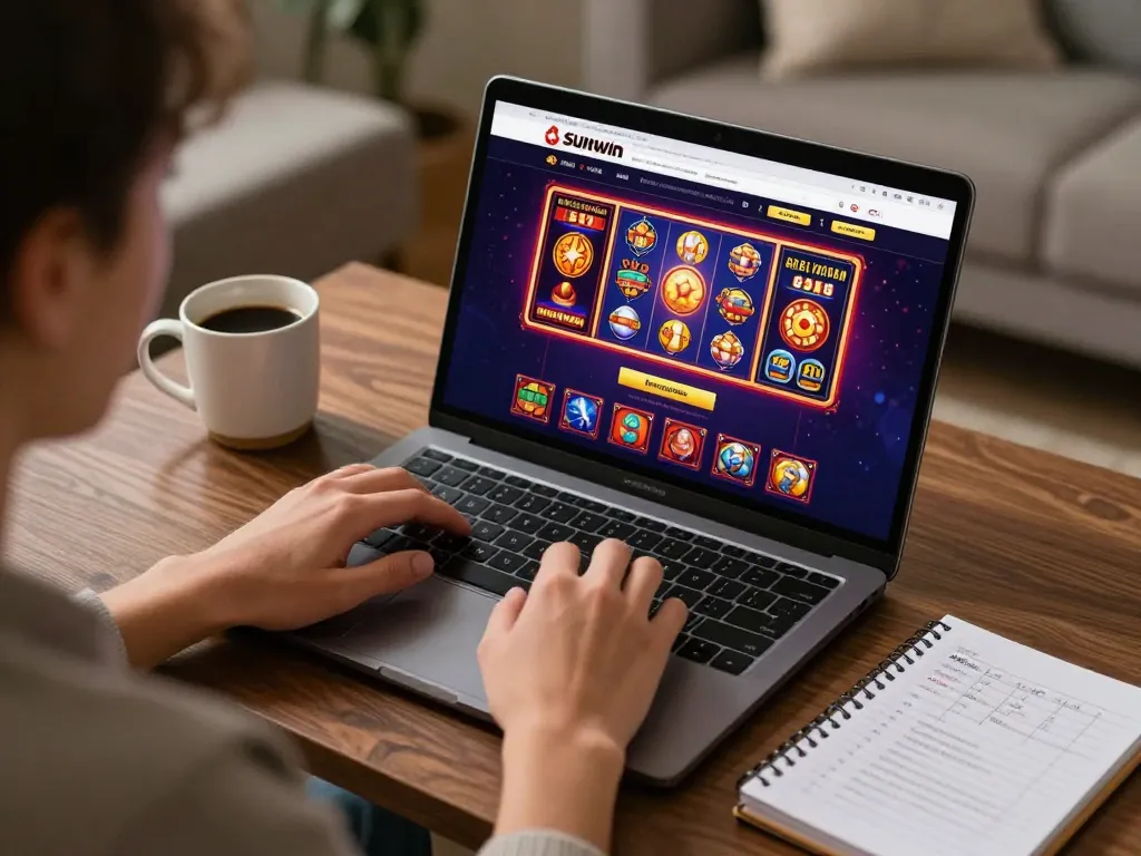 Player engaging with Sunwin online casino interface on a laptop, showcasing an immersive gambling experience at home.