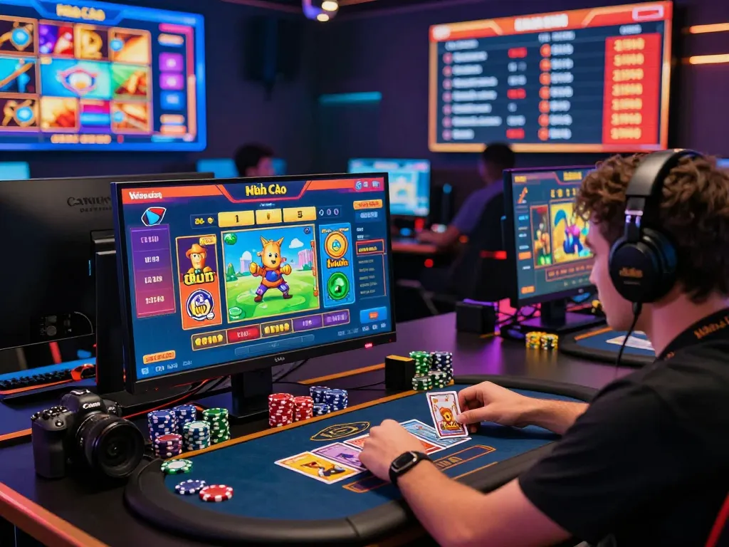 Exciting gaming environment at Nhà Cái Kuwin with players engaged in thrilling bets and poker games.