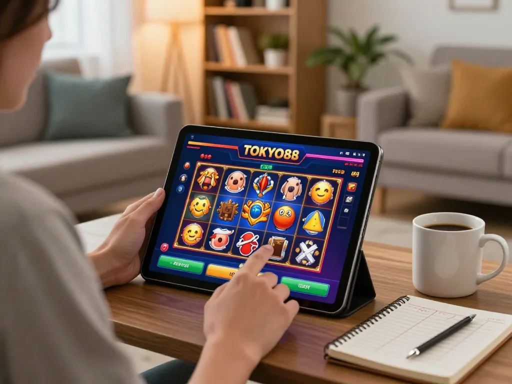 Pengaturan permainan di rumah yang menarik menampilkan pemain pada permainan slot TOKYO88, dengan layar yang cerah dan suasana yang nyaman.