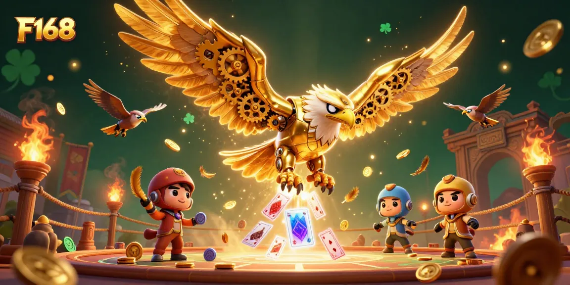 Experience thrilling casino action with F168, featuring a cybernetic eagle amidst golden game elements.