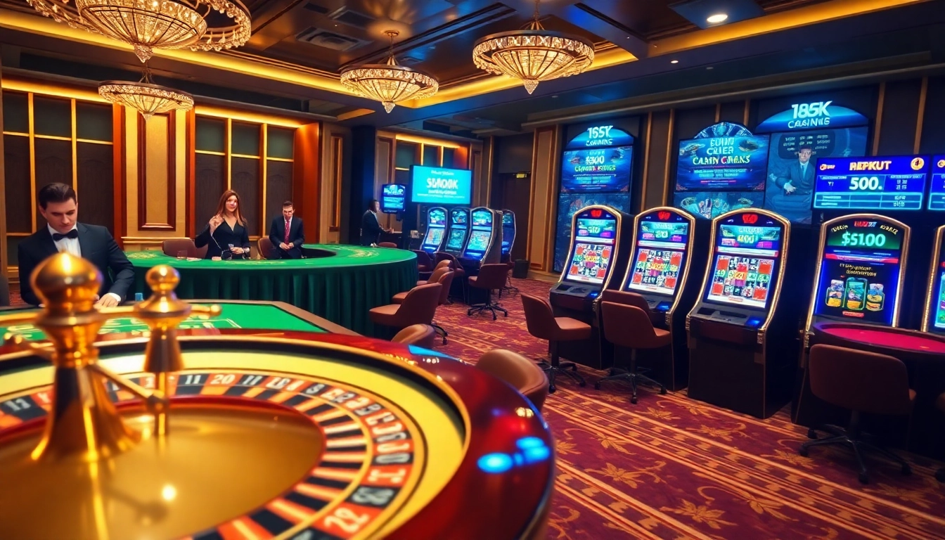 An enticing virtual casino scene featuring lively gaming tables showcasing i9bet 100k promotions.