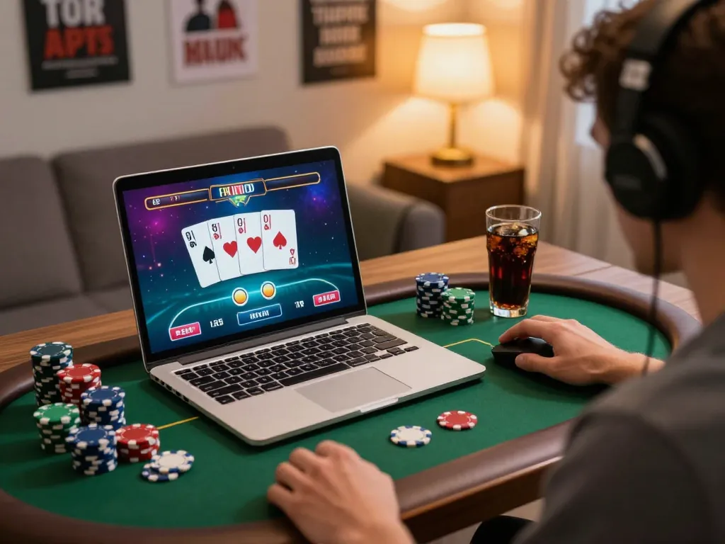 Pemain yang terlibat di rumah bermain poker online di laptop dengan grafik kasino yang vibrant, okebet99